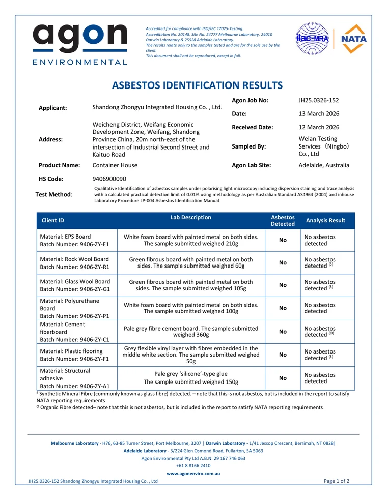 Preview of the asbestos test report for submitted material samples