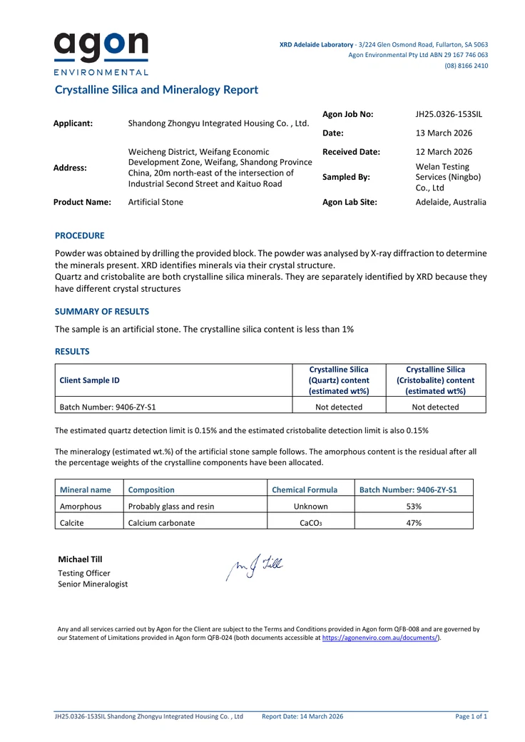 Preview of the crystalline silica test report for artificial stone