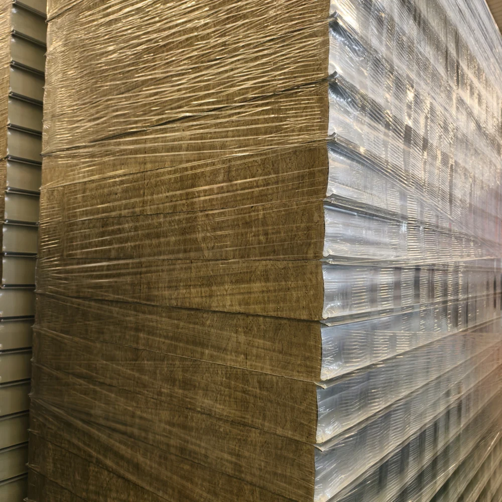 Wrapped wall panels with their insulation layers visible