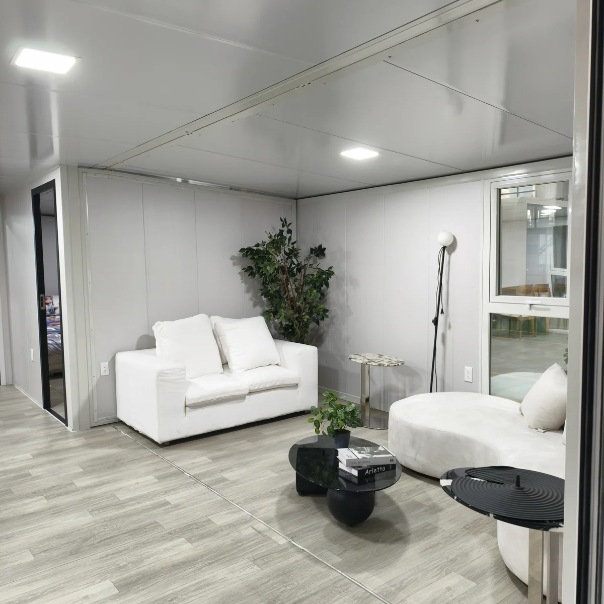 Finished modular interior with glazing and panel finishes